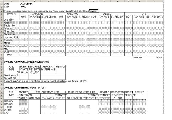 screen shot of the analysis form EVAL used by FHWA staff in the analysis process (compares receipts vs gallons times the tax rate)