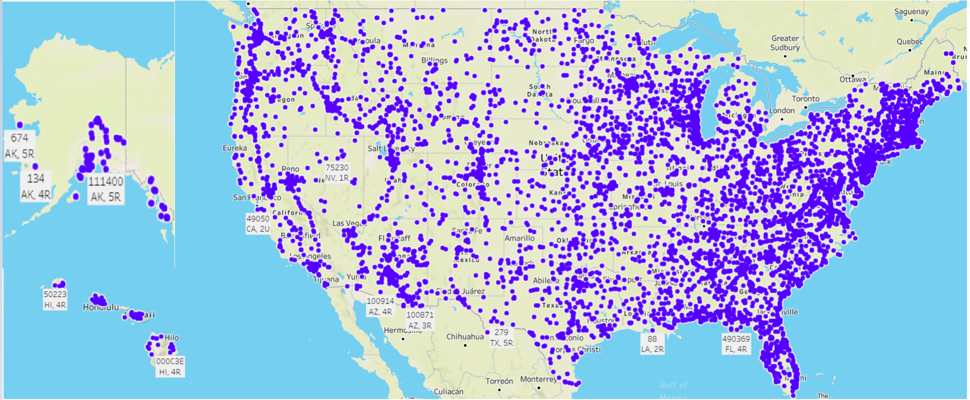 A map of Federal Highway Administration active Continuous Count Station sites in the United States. Details can be found at the link.