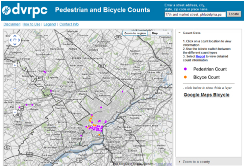 Pedestrian and Bicycle Count Locations: This website screenshot again shows the non-motorized count interface, with specific bicycle and pedestrian count locationsindicated as points on the map.