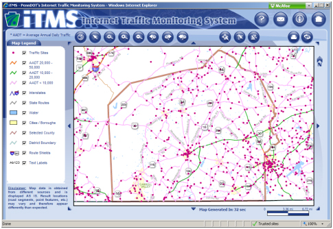 Adams County Map. This website screenshot shows the iTMS interface and the base map with various traffic count sites.
