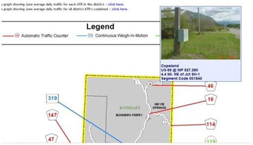 Permanent Site Location (ATR #46). This website screenshot shows a picture of a selected count site, which is a box mounted on a utility pole beside a roadway, and associated station information.