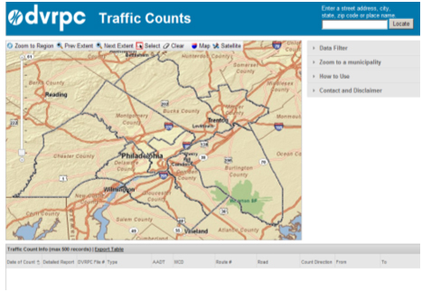 DVRPC Map of Region. This website screenshot shows the traffic count interface and an overview map of the region.