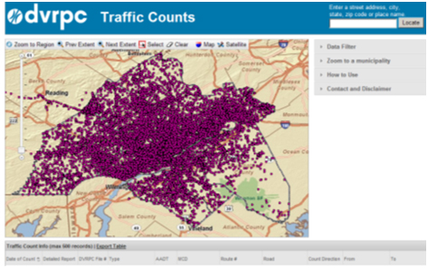 DVRPC Region Traffic Count Locations. This website screenshot shows the same map as Figure D-5, with all of the traffic count locations shown as dots. The map is very densely populated with these locations.