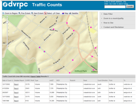 DVRPC Traffic Counts Report. This website screenshot shows a zoomed in portion of the region and the table of attributes that is produced when a traffic count location is selected.
