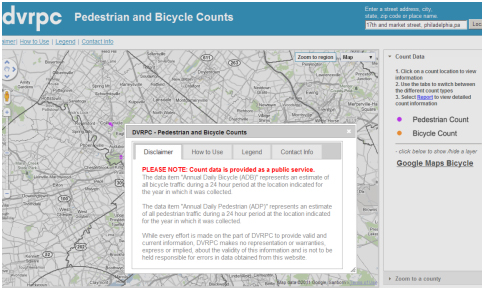 Pedestrian and Bicycle Counts Disclaimer, How to Use and Contact Information. This website screenshot shows the interface for researching non-motorized counts, with the initial disclaimer text open in a dialog box.