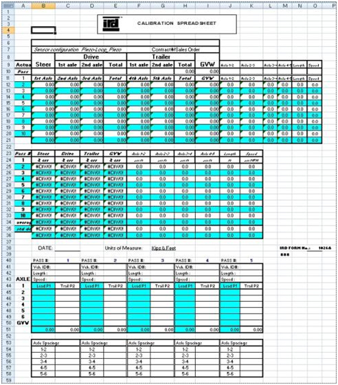 WIM Calibration Sheet. This spreadsheet screenshot shows the data entry screen used to enter the information gathered in the WIM field worksheet.