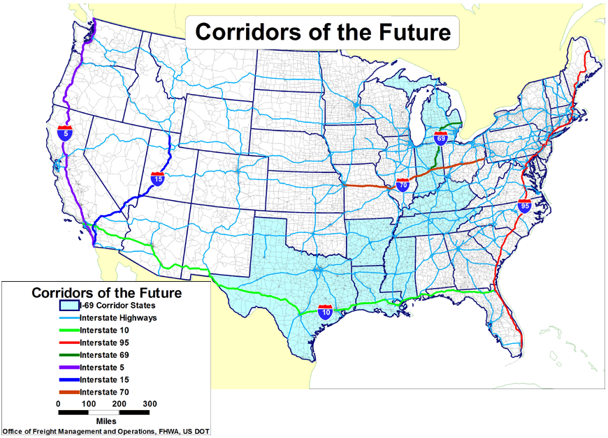 Map of US higlighting the corridors described above.