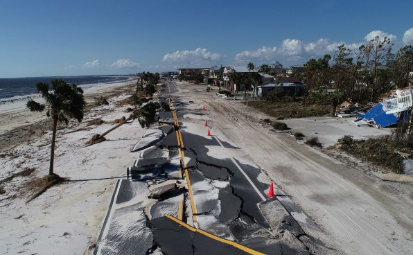 Damage to US 98 following Hurricane Michael. A roadway by the waterfront that has significantly ruptured following a hurricane.