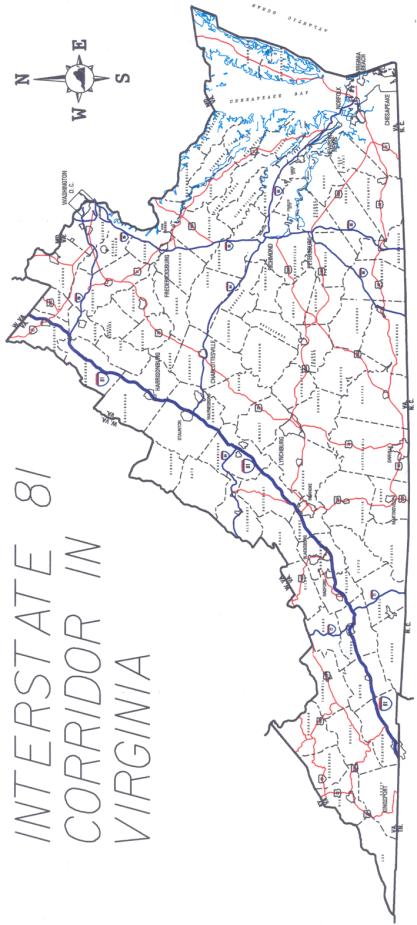 Map of Virginia showing I-81 corridor