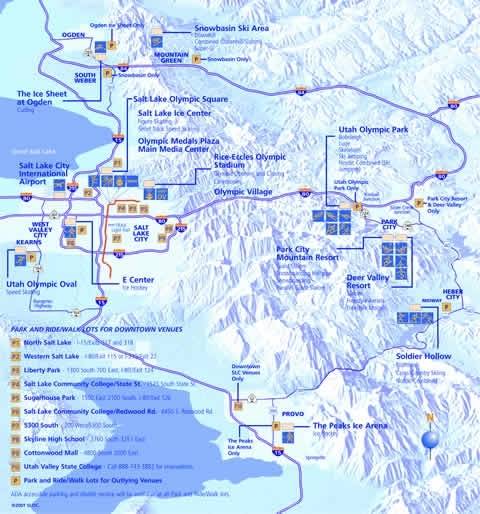 Map of Olympic Venues around Salt Lake City. Venues were scattered well beyond the Salt Lake City Metropolitan area.