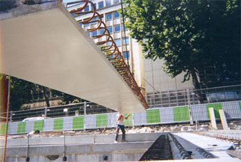 Bridge deck being guided into place 