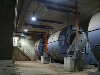 The centrifugal supply fans in the underground ventilation chamber of the 9th Street tunnel.