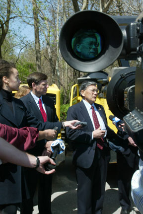 A photo from 2004 media event held at the construction site of the new Woodrow Wilson Bridge outside Washington, DC, U.S. Transportation Secretary Norman Y. Mineta highlighted Highways for LIFE's goals of achieving the long lasting, innovative, and fast construction of efficient and safe highway infrastructure.