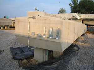 An instrumented concrete pile and cap at the Woodrow Wilson Bridge outside of Washington, DC. The instrumentation system is collecting strain and acceleration data.