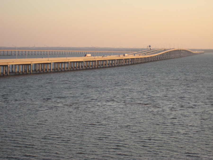 The new I-10 Escambia Bay Bridge in Pensacola, FL. Traffic is traveling across the bridge.