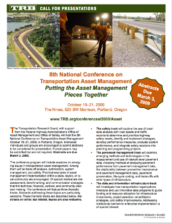 Figure 4. Screen shot. A screen shot of the Web page for the Eighth National Conference on Transportation Asset Management www.trb.org/conferences/2009/Asset.
