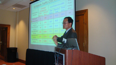 Figure 3. Photo. E.B. Lee of the University of California at Berkeley makes a presentation at FHWA's Life Cycle Cost Analysis Technical Forum, held in St. Louis, Missouri, on April 21, 2009.