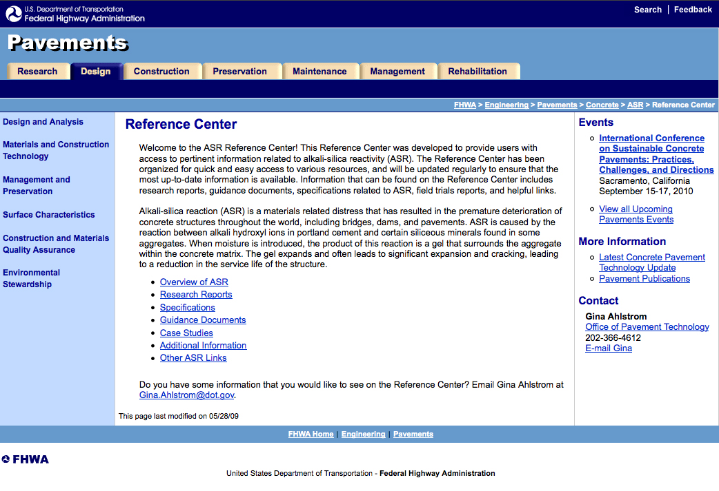 A screen shot from the home page of FHWA's online Alkali-Silica Reactivity Reference Center (www.fhwa.dot.gov/pavement/concrete/asr/reference.cfm).