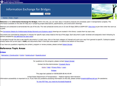 A screenshot from the home page of FHWA's new online Information Exchange for Bridges (knowledge.fhwa.dot.gov/cops/ep.nsf/home).
