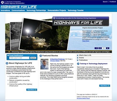 A screenshot from the homepage of the Federal Highway Administration's Highways for LIFE program Web site (www.fhwa.dot.gov/hfl).