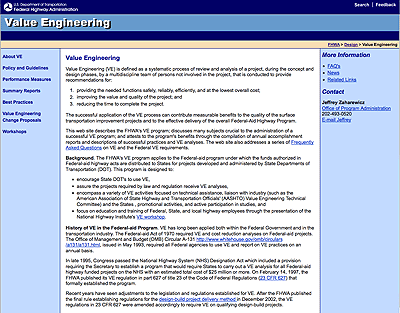 A screen shot from the home page of FHWA's Value Engineering Web site (www.fhwa.dot.gov/ve)