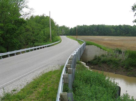 Figure 2. Photo. A view of the single-span Bowman Road Bridge in Defiance County, Ohio. The bridge was the first in the world to use the Geosynthetic Reinforced Soil Integrated Bridge System (GRS-IBS).