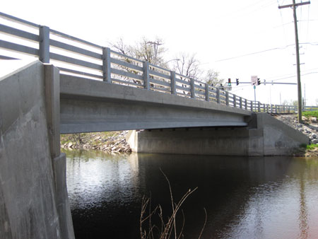 A side view from ground level of the Route 31 bridge in Lyons, NY, which was constructed with ultra high performance concrete.