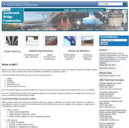 A screen shot of the home page of FHWA's Accelerated Bridge Construction Web site (www.fhwa.dot.gov/bridge/abc/index.cfm).