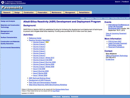 A screen shot from the home page of FHWA-s Alkali-Silica Reactivity (ASR) Development and Deployment Program (www.fhwa.dot.gov/pavement/concrete/asr.cfm).