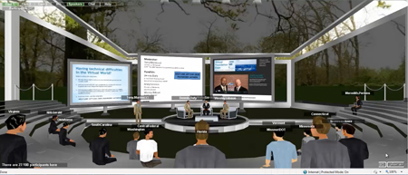A screen shot showing a video image from FHWA's Virtual Foundation Expo. More than a dozen avatars representing Expo participants are visible in the video image.