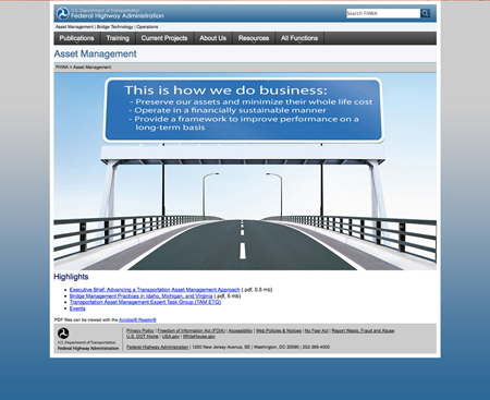 The home page of FHWA's Asset Management Web site (www.fhwa.dot.gov/asset).