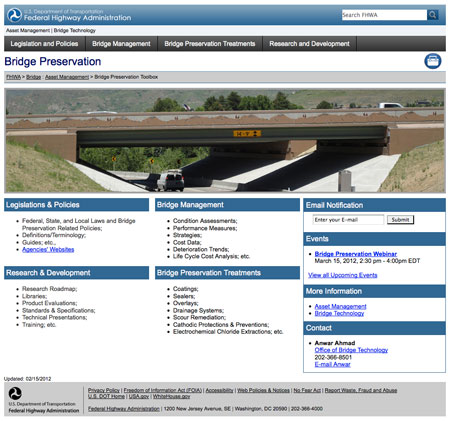 A screen shot from the home page of FHWA's Bridge Preservation Toolbox (www.fhwa.dot.gov/bridge/preservation).