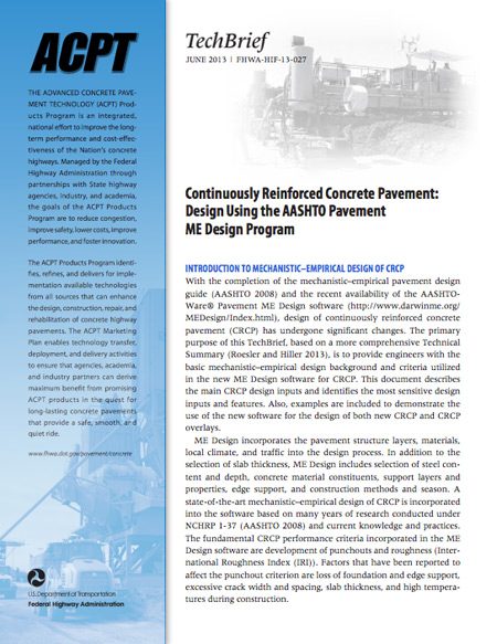 Cover image of FHWA's TechBrief on "Continuously Reinforced Concrete Pavement: Design Using the AASHTO Pavement ME Design Program" (Pub. No. FHWA-HIF-13-027).