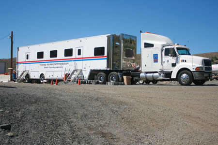 A view of the outside of FHWA's Mobile Concrete Laboratory, which is housed in a tractor-trailer truck.