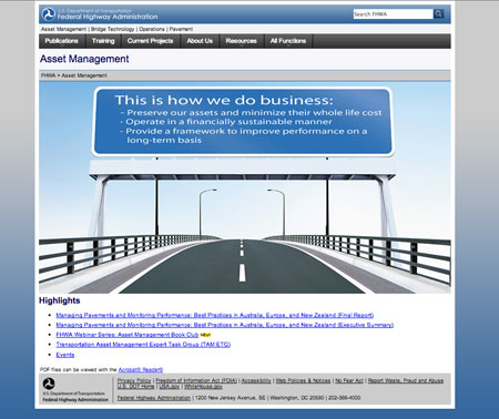 A screen shot from FHWA's Asset Management home page (www.fhwa.dot.gov/asset).