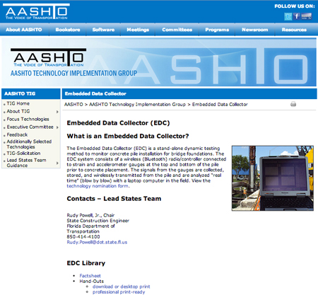 A screenshot from the AASHTO TIG Web site at http://tig.transportation.org/Pages/EmbeddedDataCollector.aspx, featuring information on the Embedded Data Collector technology.