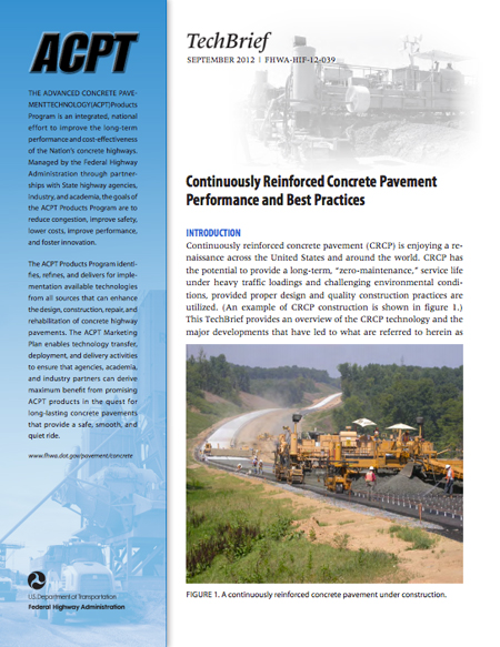 Cover of the FHWA Tech Brief entitled Continuously Reinforced Concrete Pavement Performance and Best Practices.