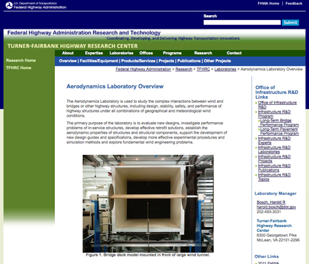 Screenshot of the home page for the FHWA Aerodynamics Program (www.fhwa.dot.gov/research/tfhrc/labs/aerodynamics/index.cfm).