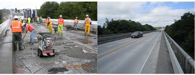 This figure displays two photos, one on the left side and one on the right side. The photo on the left side shows the bridge on SR532 near Stanwood, WA, during the deck repair process with many workers and their resurfacing machinery. In the foreground of the photo, the workers are removing the old asphalt overlay and preparing to resurface the bridge deck with new asphalt. In the distance, heavy equipment is removing the old surface of the bridge deck. The photo on the right side shows a long-distance shot of the repaired bridge deck on SR532 near Stanwood, WA. There are cars travelling on the bridge in both directions.