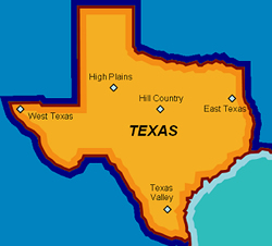 Figure 1. Five Study Sites in Texas: High Plains, West Texas, Hill Country, East Texas, Texas Valley