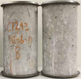 Two cylindrical concrete samples. On the left sample, several cracks caused by alkali-silica reaction are marked. On the right sample, made of HyFRC, no cracks appear.