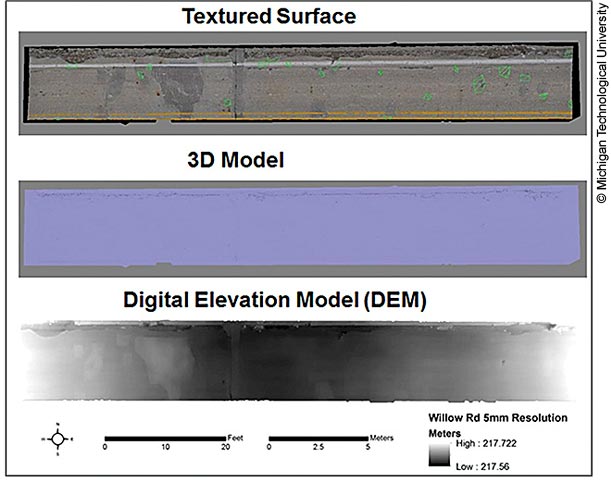 Three images of a bridge deck produced using the AgiSoft Photoscan program. The images depict the same section of bridge deck as a textured surface, a 3D model, and a digital elevation model (DEM).