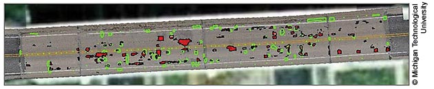 Satellite view of a section of bridge deck tested for delaminations using both thermal infrared imaging and chain-drag methods. The figure shows that different defects were detected by the two methods.
