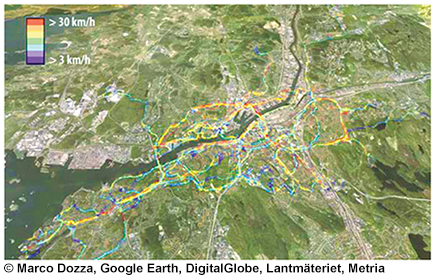 Aerial photo of Gothenburg, Sweden superimposed with colored lines that designate cycling routes on various types of roads and the average cycling speeds of those routes. The different colors represent a range of speed, descending from red (over 30 kilometers per hour) to yellow, green, blue, and light purple, and finally dark purple (less than 3 kilometers per hour). Most of the routes are either yellow or blue, with spots of red (fastest) and purple (slowest) scattered about.