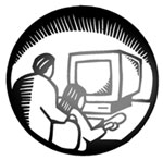 Woodcut graphic of someone training a person on a computer