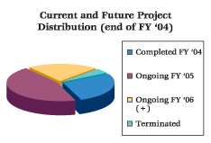 Pie Graph. Current and Future Project Distribution (end of FY 2004). This figure shows a pie graph, broken into four separate sections with different colors. The heading found at the top of the graph reads Current and Future Project Distribution (end of FY 2004). To the right of the graph appears a legend. Within the legend are four separate lines of information each with its respective color corresponding to each of the four pieces of the pie graph. The first line of the legend is labeled Completed FY 2004 and colored dark blue which corresponds with the first and largest piece of the pie graph. This piece is one entire half of the circle that makes up the graph. The second line is labeled Ongoing FY 2005 and colored dark red, corresponding with the second and also the second to largest piece of the pie graph. This piece makes up a little more than a quarter of the entire circle or approximately thirty percent. The third line is labeled Ongoing 2006 and is colored yellow, corresponding to the third piece of the pie graph. This piece makes up only a tenth of the entire graph. The fourth line is labeled Ongoing FY 2007 and colored pale green to correspond to the fourth and final piece of the pie graph. This piece makes up only a tenth of the entire graph.