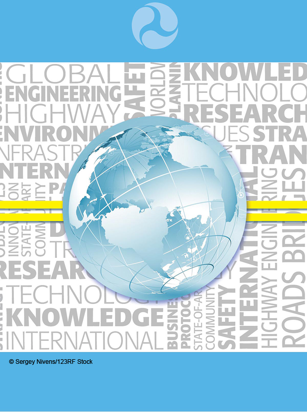 he cover of the brochure features a triskelion (a symbol made of three bent, interlocking arms), the symbol that appears in the logo of the U.S. Department of Transportation. Below the triskelion is a blue-and-white graphic depiction of Earth, with double yellow lines extending from both sides of it. In the background behind Earth are gray words of various shapes and sizes that relate to the Federal Highway Administration. The words are "global," "engineering," "environmental," "highway," "infrastructure," "research," "technology," "knowledge," "international," "safety," "business," "protocol," "state-of-art," "community," "roads," "worldwide," "issues," and "planning."
