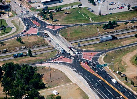 Aerial photo of a diverging diamond intersection (also known as a double crossover diamond)