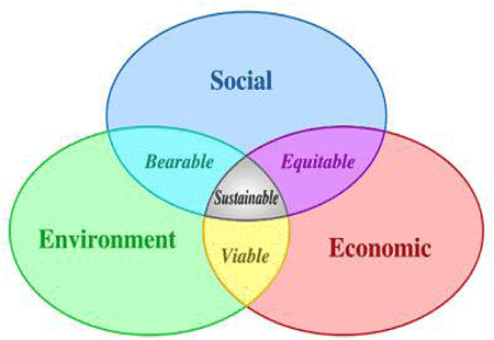 Venn Diagram showing the inter-relationships between social, environmental, and economic needs.