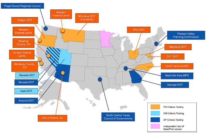 Map of the Unit States' INVEST Pilot Test Locations and the different testing criteria to include System Planning (SP), Project Development (PD), Operations and Maintenance (OM), and Independent test of Beta/Pilot version. Map of the Unit States' INVEST Pilot Test Locations and the different testing criteria to include System Planning (SP), Project Development (PD), Operations and Maintenance (OM), and Independent test of Beta/Pilot version.